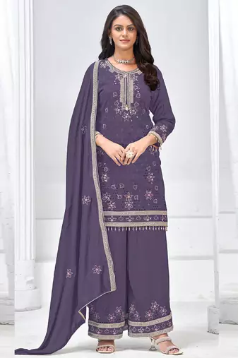 Violet vichitra silk embroidered plazzo suit