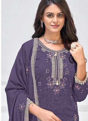 Violet vichitra silk embroidered Palazzo suit 2