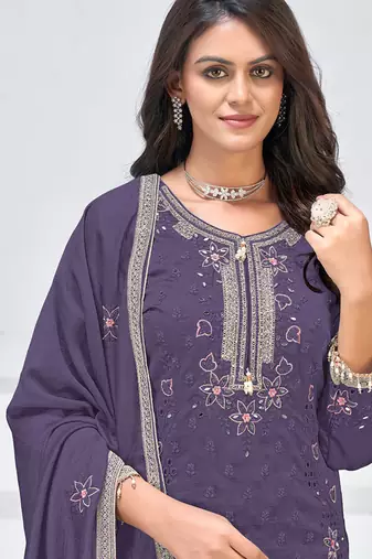 Violet vichitra silk embroidered Palazzo suit