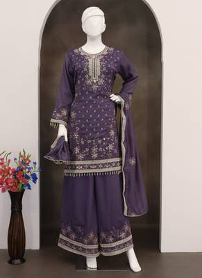 Violet vichitra silk embroidered Palazzo suit 3