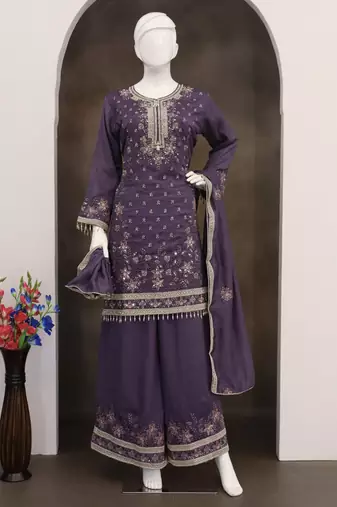 Violet vichitra silk embroidered Palazzo suit