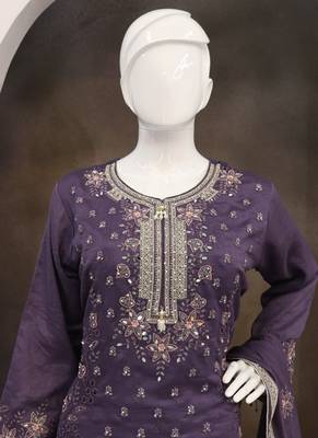 Violet vichitra silk embroidered Palazzo suit 4