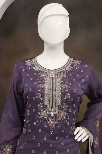 Violet vichitra silk embroidered Palazzo suit