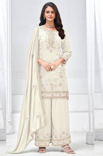 Off white vichitra silk embroidered plazzo suit