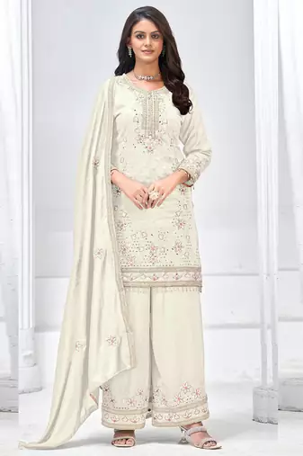 Off white vichitra silk embroidered plazzo suit