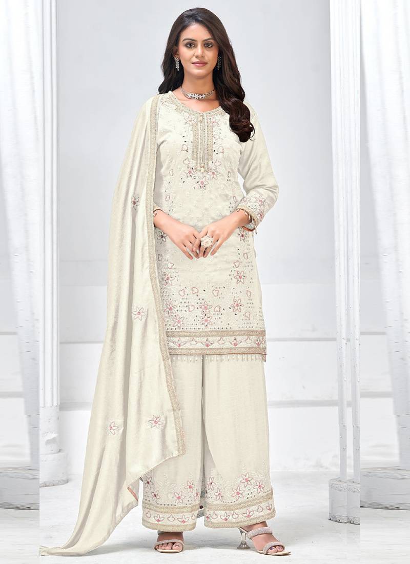 Off white vichitra silk embroidered plazzo suit
