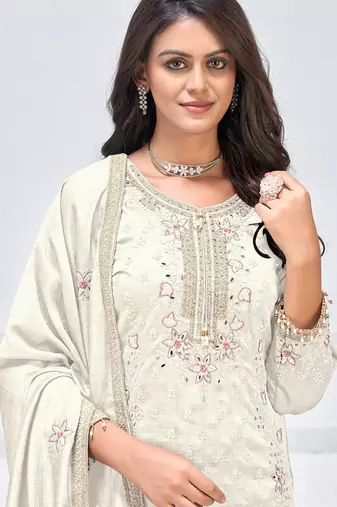 Off white vichitra silk embroidered Palazzo suit