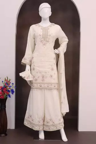 Off white vichitra silk embroidered Palazzo suit