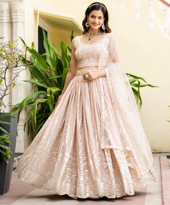 Peach Georgette Zari Sequins Embroidery Work Semi Sttiched Lehenga Choli  1