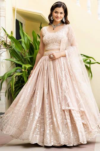 Peach Georgette Zari Sequins Embroidery Work Semi Sttiched Lehenga Choli 