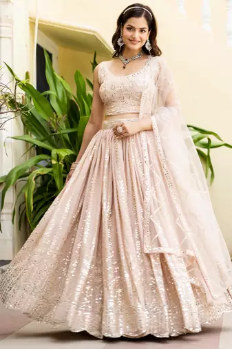 Peach Georgette Zari Sequins Embroidery Work Semi Sttiched Lehenga Choli 