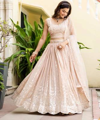 Peach Georgette Zari Sequins Embroidery Work Semi Sttiched Lehenga Choli  2