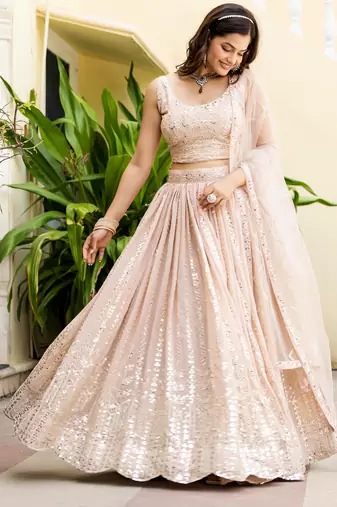 Peach Georgette Zari Sequins Embroidery Work Semi Sttiched Lehenga Choli 