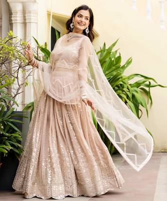 Peach Georgette Zari Sequins Embroidery Work Semi Sttiched Lehenga Choli  3