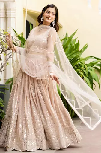 Peach Georgette Zari Sequins Embroidery Work Semi Sttiched Lehenga Choli 