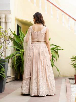 Peach Georgette Zari Sequins Embroidery Work Semi Sttiched Lehenga Choli  4