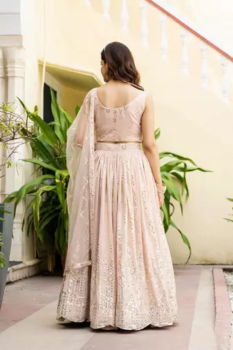 Peach Georgette Zari Sequins Embroidery Work Semi Sttiched Lehenga Choli 