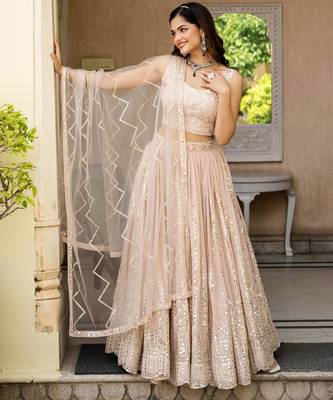 Peach Georgette Zari Sequins Embroidery Work Semi Sttiched Lehenga Choli  5