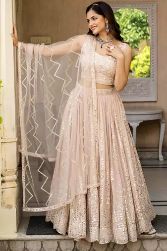 Peach Georgette Zari Sequins Embroidery Work Semi Sttiched Lehenga Choli 