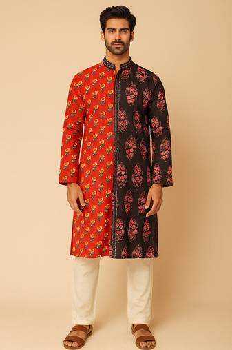 Navratri red & black cotton kurta set for mens