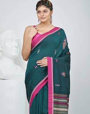 Elegant teal cotton saree with red border & woven motifs 5