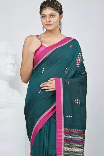 Elegant teal cotton saree with red border & woven motifs