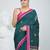 Elegant teal cotton saree with red border & woven motifs