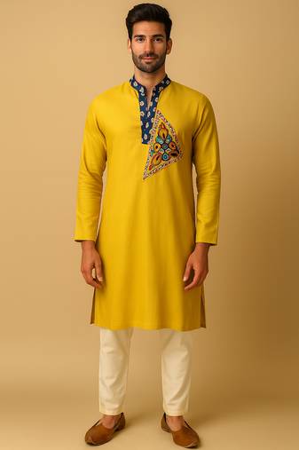 Navratri yellow rayon kurta set for mens