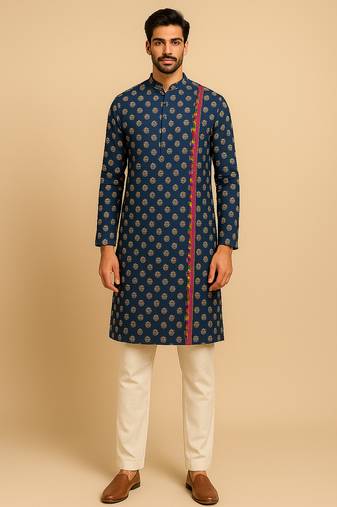 Navratri blue cotton kurta set for mens