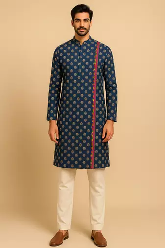 Navratri blue cotton kurta set for mens