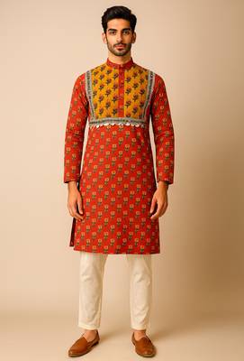 Navratri orange cotton kurta set for mens 1