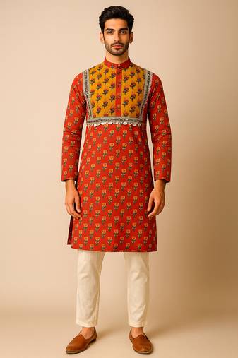 Navratri orange cotton kurta set for mens