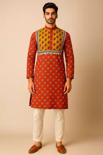 Navratri orange cotton kurta set for mens