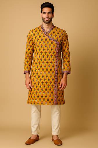 Navratri mustard cotton kurta set for mens