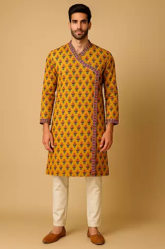 Navratri mustard cotton kurta set for mens