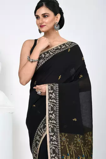 Black cotton saree with beige border and traditional woven pallu
