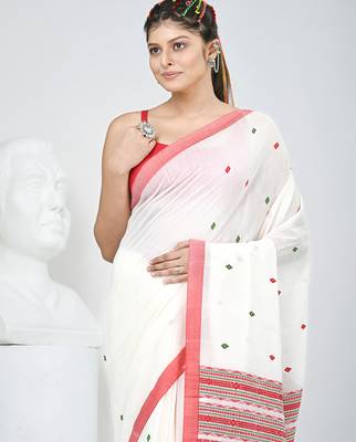 Elegant white cotton saree with red and green diamond motifs 5
