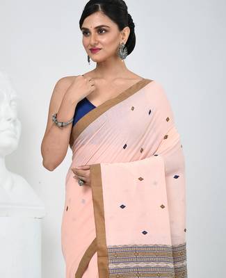 Elegant peach cotton saree with brown and black diamond motifs 5