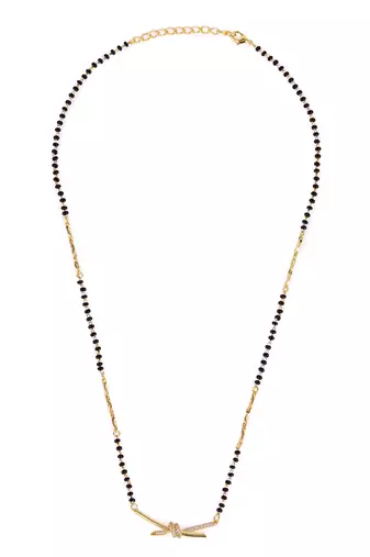 Traditional delicate cz studded gold plated black beaded adjustable chain mangalsutra for women