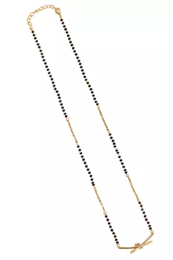 Traditional delicate cz studded gold plated black beaded adjustable chain mangalsutra for women