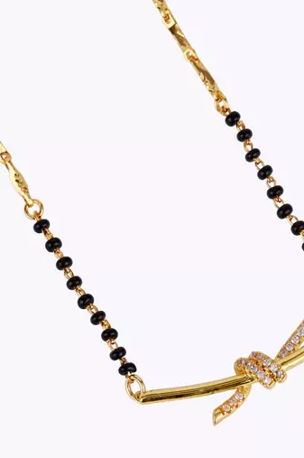 Traditional delicate cz studded gold plated black beaded adjustable chain mangalsutra for women