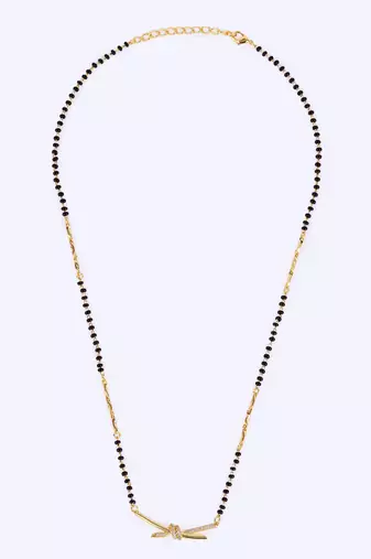 Traditional delicate cz studded gold plated black beaded adjustable chain mangalsutra for women