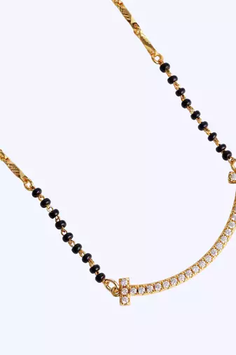 Traditional trendy stylish cz studded gold plated black beaded adjustable chain mangalsutra for women