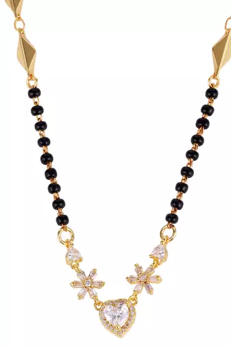 Traditional modern flower and heart shape gold plated black beaded adjustable chain mangalsutra for women