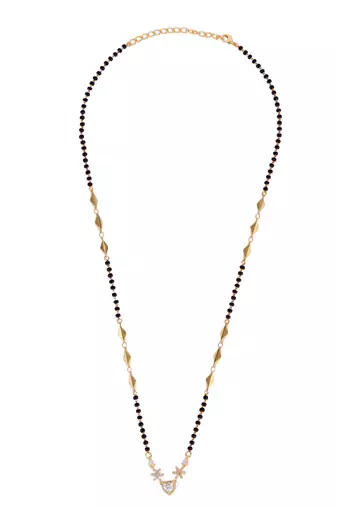 Traditional modern flower and heart shape gold plated black beaded adjustable chain mangalsutra for women