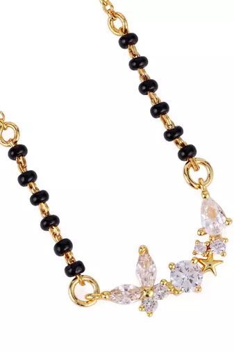 Traditional splendid flower design gold plated black beaded adjustable chain mangalsutra for women