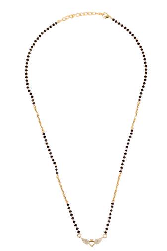 Traditional eye-catchy leaf and heart shape gold plated black beaded adjustable chain mangalsutra for women