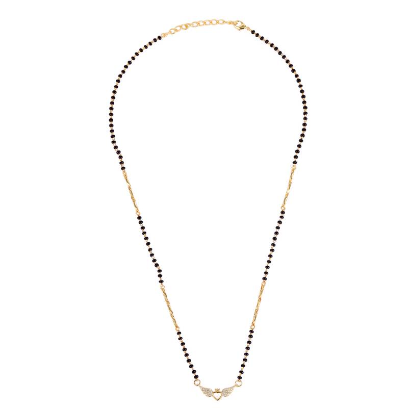 Traditional eye-catchy leaf and heart shape gold plated black beaded adjustable chain mangalsutra for women
