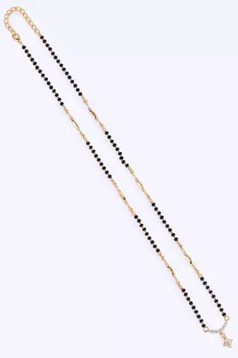 Traditional lovely cz studded flower design gold plated black beaded adjustable chain mangalsutra for women