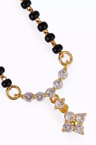 Traditional lovely cz studded flower design gold plated black beaded adjustable chain mangalsutra for women